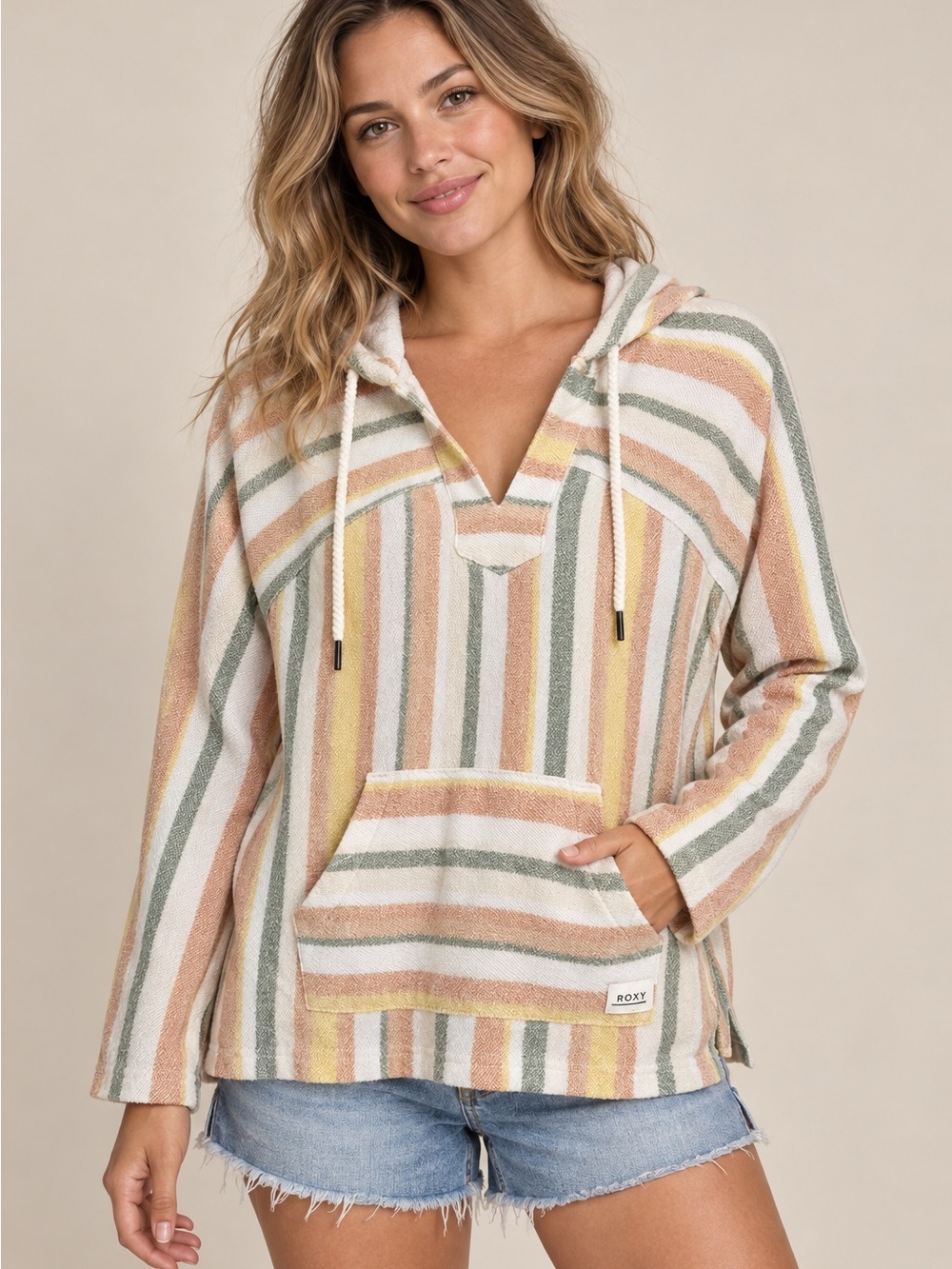 Roxy Pastel Striped Hooded Pullover - Pink, Yellow, Green, Cream, White M